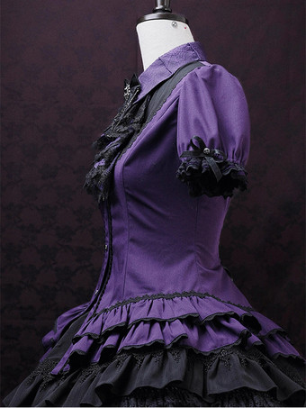 ゴシックロリータブラウス ロリータトップス パープル 半袖 フリル レース レースロリータシャツ