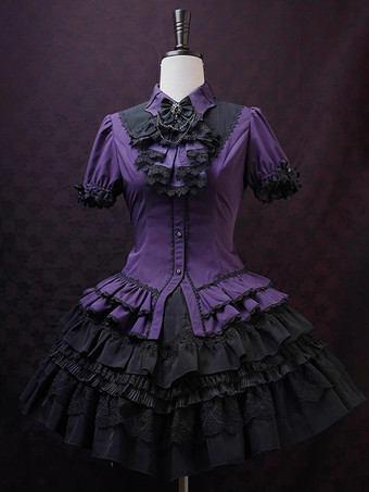 ゴシックロリータブラウス ロリータトップス パープル 半袖 フリル レース レースロリータシャツ