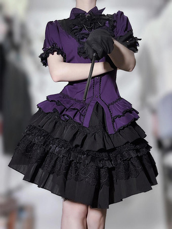 ゴシックロリータブラウス ロリータトップス パープル 半袖 フリル レース レースロリータシャツ
