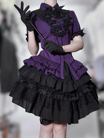ゴシックロリータブラウス ロリータトップス パープル 半袖 フリル レース レースロリータシャツ