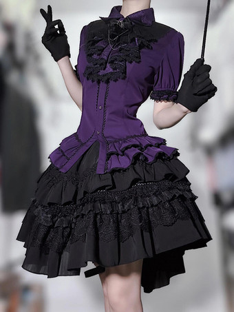パープル ゴシックロリータブラウス ロリータトップス パープル 半袖 フリル レース レースロリータシャツ