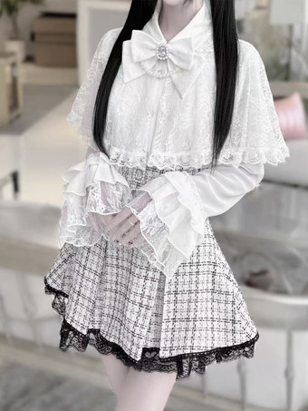 ホワイト ゴシックロリータブラウス ホワイト 長袖 ロリータ トップス フリル レース レース ロリータ シャツ