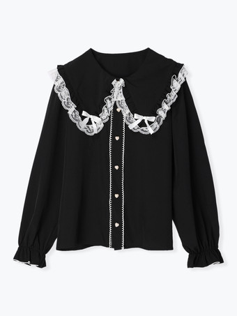 ゴシックロリータブラウス ロリータトップス ホワイト 長袖 レースリボン カラーブロック ロリータシャツ