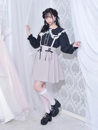 ゴシックロリータブラウス ロリータトップス ホワイト 長袖 レースリボン カラーブロック ロリータシャツ