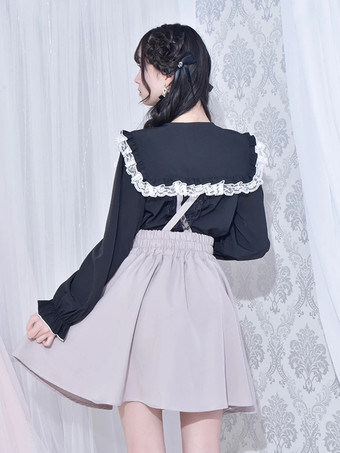 ゴシックロリータブラウス ロリータトップス ホワイト 長袖 レースリボン カラーブロック ロリータシャツ