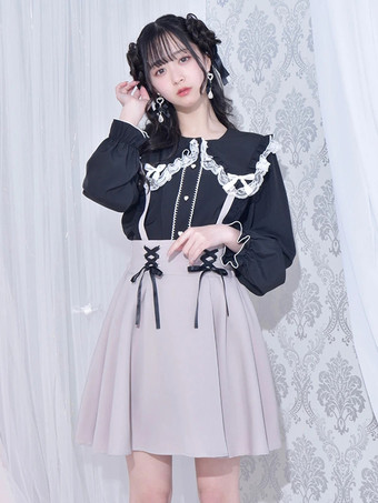 ブラック ゴシックロリータブラウス ロリータトップス ホワイト 長袖 レースリボン カラーブロック ロリータシャツ