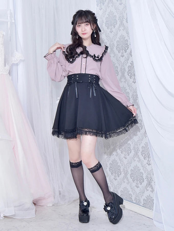 ゴシックロリータブラウス ロリータトップス ホワイト 長袖 レースリボン カラーブロック ロリータシャツ