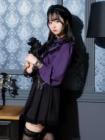 ゴシックロリータブラウス ロリータトップス パープル 長袖 レース フリル カラーブロック ロリータシャツ