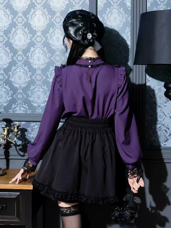 ゴシックロリータブラウス ロリータトップス パープル 長袖 レース フリル カラーブロック ロリータシャツ