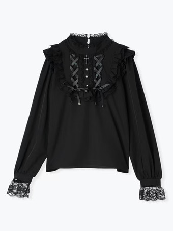 ゴシックロリータブラウス ロリータトップス パープル 長袖 レース フリル カラーブロック ロリータシャツ