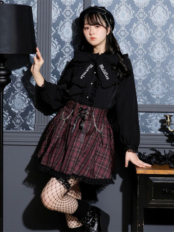 ゴシックロリータブラウス リボン フリル 長袖ブラウス ロリータトップス カラーブロック ブラック ロリータシャツ