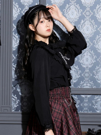 ゴシックロリータブラウス リボン フリル 長袖ブラウス ロリータトップス カラーブロック ブラック ロリータシャツ