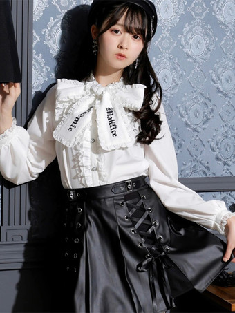 ホワイト ゴシックロリータブラウス リボン フリル 長袖ブラウス ロリータトップス カラーブロック ブラック ロリータシャツ