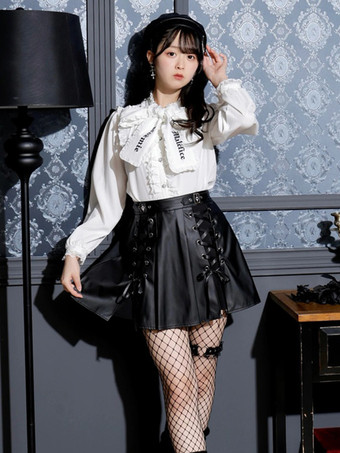 ゴシックロリータブラウス リボン フリル 長袖ブラウス ロリータトップス カラーブロック ブラック ロリータシャツ