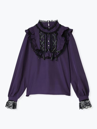 ゴシックロリータブラウス ロリータトップス パープル 長袖 レース フリル カラーブロック ロリータシャツ