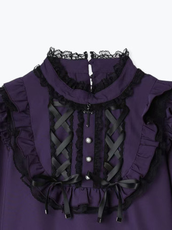 ゴシックロリータブラウス ロリータトップス パープル 長袖 レース フリル カラーブロック ロリータシャツ