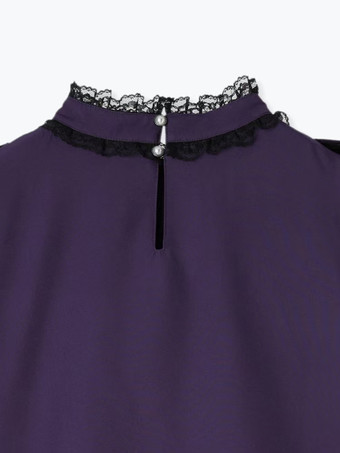 ゴシックロリータブラウス ロリータトップス パープル 長袖 レース フリル カラーブロック ロリータシャツ