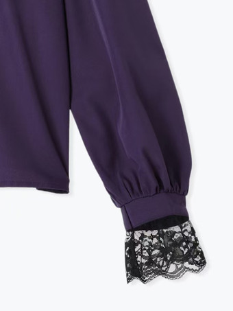 ゴシックロリータブラウス ロリータトップス パープル 長袖 レース フリル カラーブロック ロリータシャツ