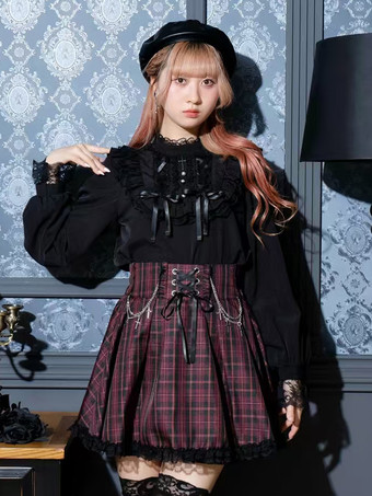 ブラック ゴシックロリータブラウス ロリータトップス パープル 長袖 レース フリル カラーブロック ロリータシャツ