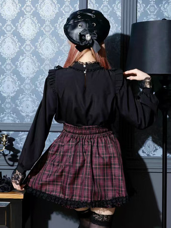 ゴシックロリータブラウス ロリータトップス パープル 長袖 レース フリル カラーブロック ロリータシャツ