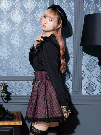 ゴシックロリータブラウス ロリータトップス パープル 長袖 レース フリル カラーブロック ロリータシャツ