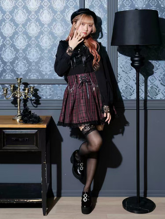 ゴシックロリータブラウス ロリータトップス パープル 長袖 レース フリル カラーブロック ロリータシャツ