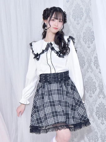 ホワイト ゴシックロリータブラウス ロリータトップス ホワイト 長袖 レースリボン カラーブロック ロリータシャツ