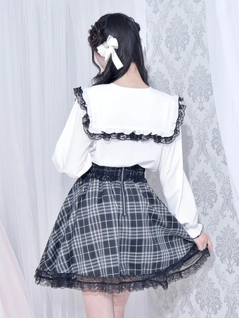 ゴシックロリータブラウス ロリータトップス ホワイト 長袖 レースリボン カラーブロック ロリータシャツ