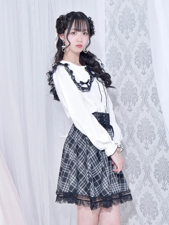 ゴシックロリータブラウス ロリータトップス ホワイト 長袖 レースリボン カラーブロック ロリータシャツ