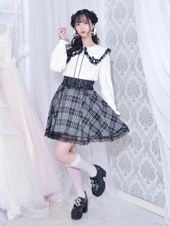 ゴシックロリータブラウス ロリータトップス ホワイト 長袖 レースリボン カラーブロック ロリータシャツ
