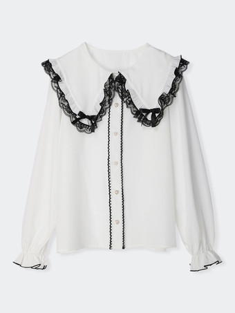 ゴシックロリータブラウス ロリータトップス ホワイト 長袖 レースリボン カラーブロック ロリータシャツ