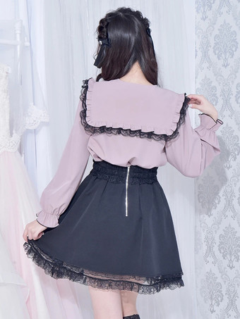 ゴシックロリータブラウス ロリータトップス ホワイト 長袖 レースリボン カラーブロック ロリータシャツ