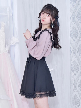 ゴシックロリータブラウス ロリータトップス ホワイト 長袖 レースリボン カラーブロック ロリータシャツ