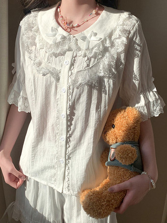 スイートロリータブラウス レースリボン ロリータトップス 半袖ブラウス レースブラックロリータシャツ