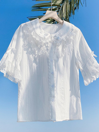 スイートロリータブラウス レースリボン ロリータトップス 半袖ブラウス レースブラックロリータシャツ