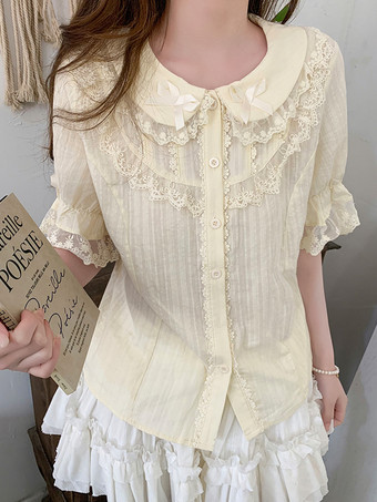 アイボリー スイートロリータブラウス レースリボン ロリータトップス 半袖ブラウス レースブラックロリータシャツ