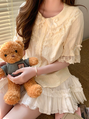 スイートロリータブラウス レースリボン ロリータトップス 半袖ブラウス レースブラックロリータシャツ