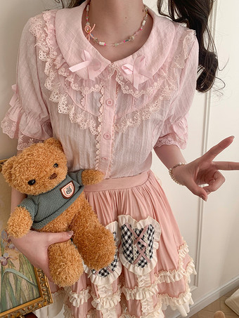 ピンクスイートロリータブラウス レースリボン ロリータトップス 半袖ブラウス レースブラックロリータシャツ
