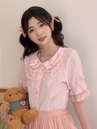 スイートロリータブラウス レースリボン ロリータトップス 半袖ブラウス レースブラックロリータシャツ