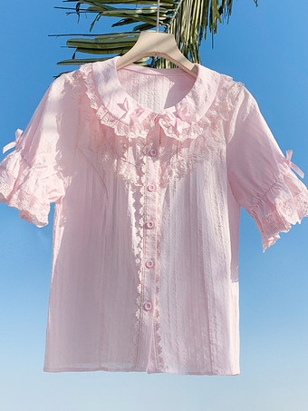 スイートロリータブラウス レースリボン ロリータトップス 半袖ブラウス レースブラックロリータシャツ