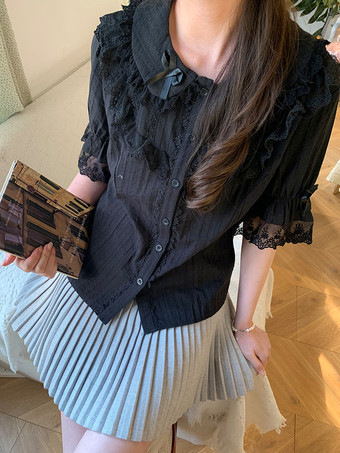 ブラック スイートロリータブラウス レースリボン ロリータトップス 半袖ブラウス レースブラックロリータシャツ