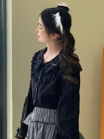 スイートロリータブラウス レースリボン ロリータトップス 半袖ブラウス レースブラックロリータシャツ