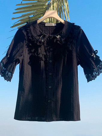 スイートロリータブラウス レースリボン ロリータトップス 半袖ブラウス レースブラックロリータシャツ