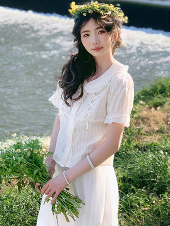 ホワイト スイートロリータブラウス ロリータトップ エクリュホワイト 半袖 リボン フリル ロリータシャツ