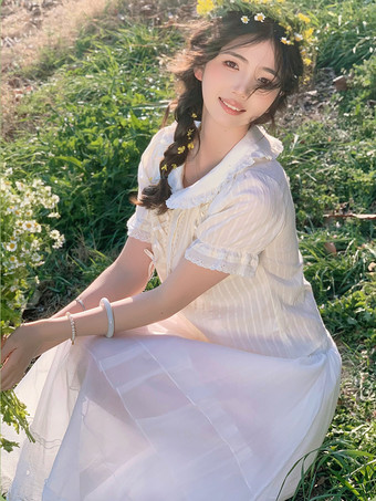 スイートロリータブラウス ロリータトップ エクリュホワイト 半袖 リボン フリル ロリータシャツ