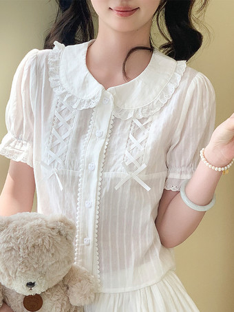 スイートロリータブラウス ロリータトップ エクリュホワイト 半袖 リボン フリル ロリータシャツ