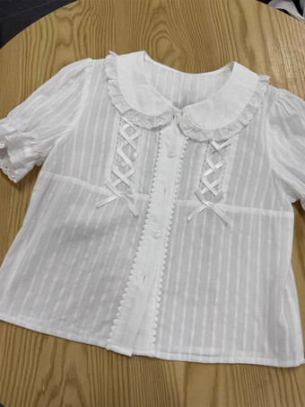 スイートロリータブラウス ロリータトップ エクリュホワイト 半袖 リボン フリル ロリータシャツ