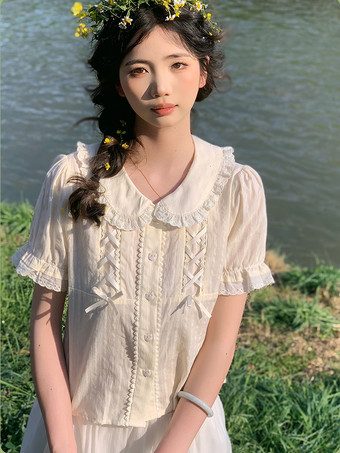 アイボリー スイートロリータブラウス ロリータトップ エクリュホワイト 半袖 リボン フリル ロリータシャツ