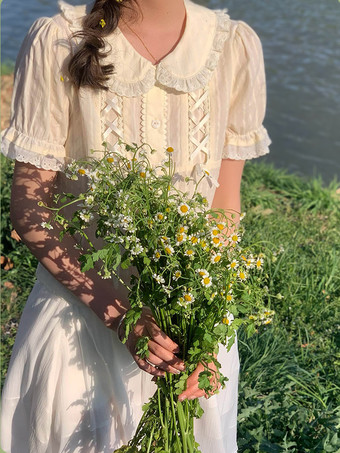 スイートロリータブラウス ロリータトップ エクリュホワイト 半袖 リボン フリル ロリータシャツ