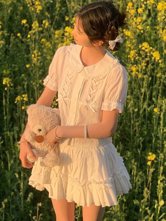 スイートロリータブラウス ロリータトップ エクリュホワイト 半袖 リボン フリル ロリータシャツ